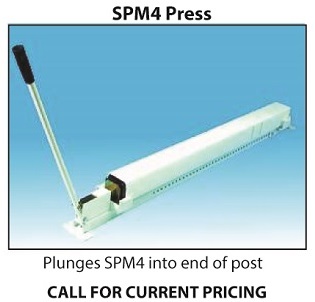 SPM4 Press Used to plunge a SPM4 mount into the end of a 4” PVC post after it has been routed.  The SPM4 mount will snap into the channel formed on the interior wall of the post. The post is now ready to be installed.