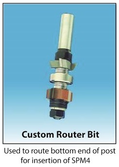 SPM4 Ccustom router bit combo used to form an interior channel and a beveled end on a hollow 4” PVC post to facilitate inserting a mount into the bottom end of a post.
