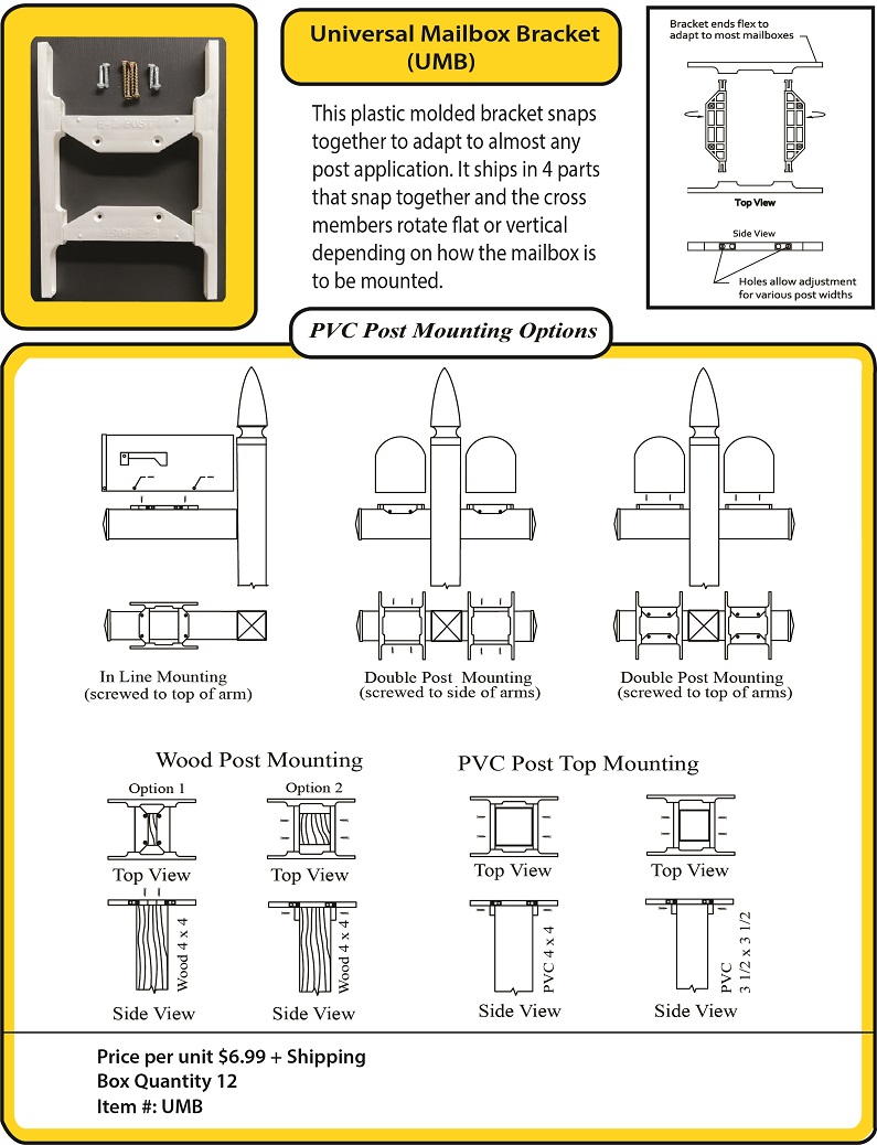 UMB Universal Mailbox Bracket - A 4-piece snap together molded bracket that can be customized to fit almost any 4” or 5” PVC hollow post and all 4” wood posts in any configuration.